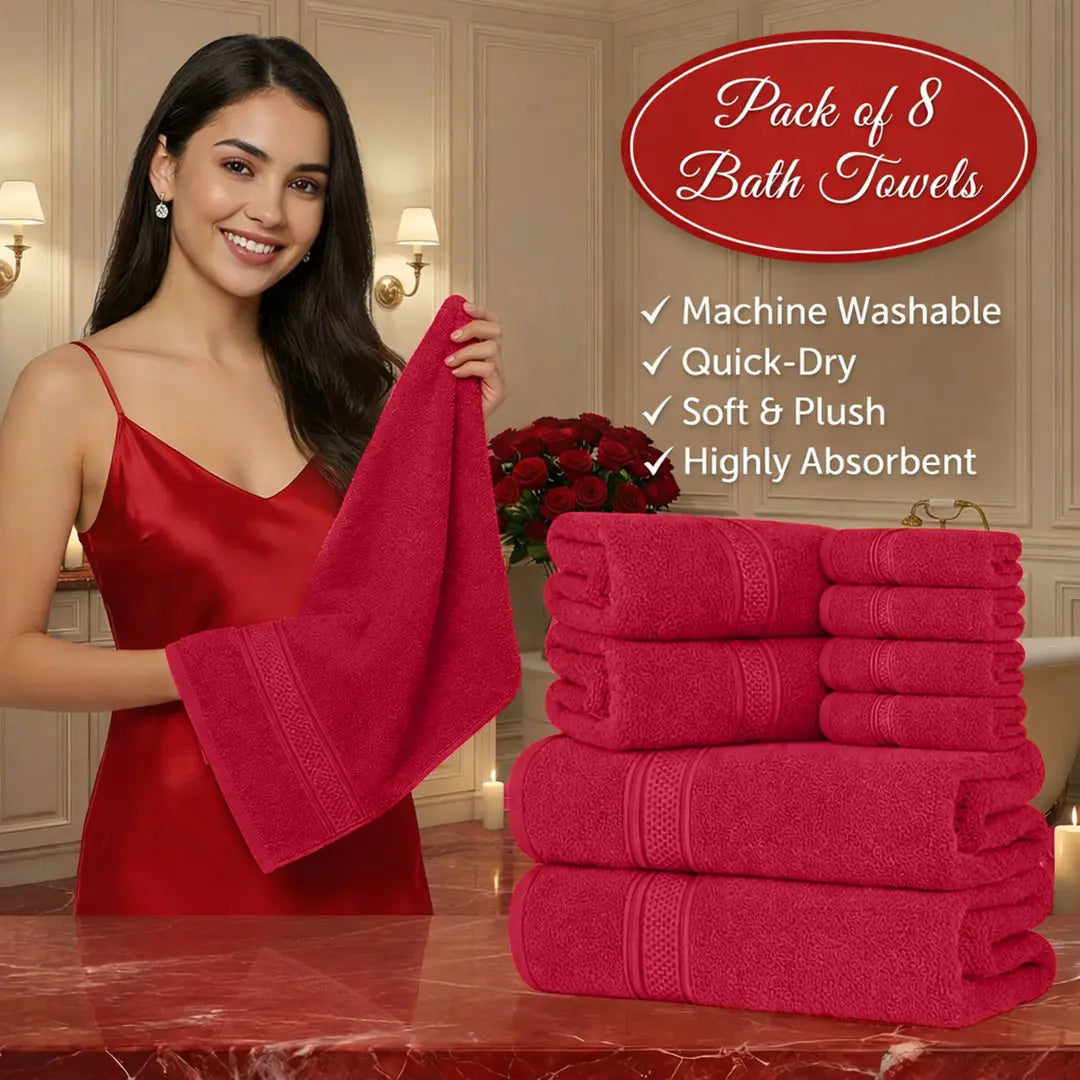 Hurbane Home Unisex Plain 8-Count 100% Pure Cotton Set - 2 Bath Towels, 2 Hand Towels, 4 Washcloths, Super Soft, Water Absorbent, Pouch Pack for Bathroom Home Use