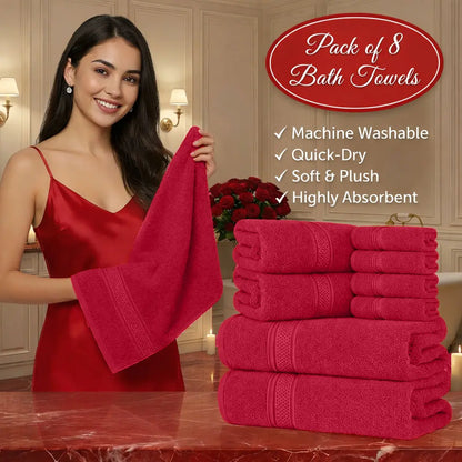 Hurbane Home Unisex Plain 8-Count 100% Pure Cotton Set - 2 Bath Towels, 2 Hand Towels, 4 Washcloths, Super Soft, Water Absorbent, Pouch Pack for Bathroom Home Use
