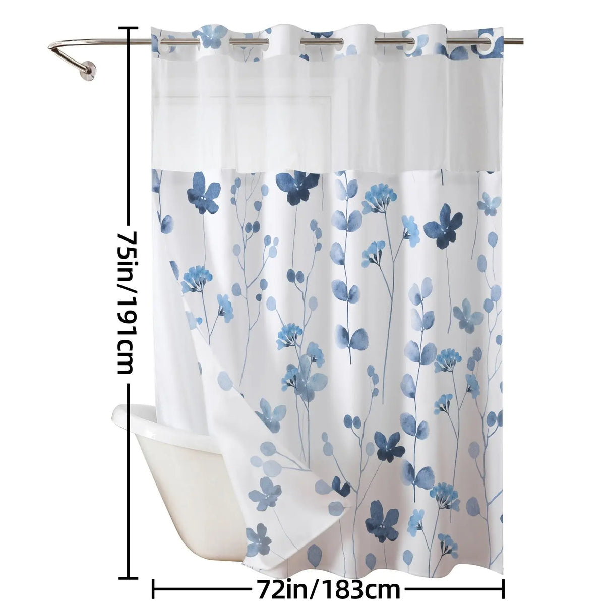 Ink and wash Floral double-layer shower curtain, no hooks, fresh country style home decoration, bathroom accessories, 72x75in