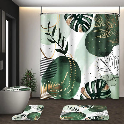 Boho Mid Century Shower Curtain Set with Toilet Lid Cover and Non-Slip Rugs, Abstract Geometric Modern Minimalist Shower Curtain for Bathroom Set with 12 Hooks
