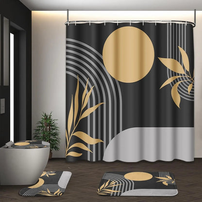 Boho Mid Century Shower Curtain Set with Toilet Lid Cover and Non-Slip Rugs, Abstract Geometric Modern Minimalist Shower Curtain for Bathroom Set with 12 Hooks