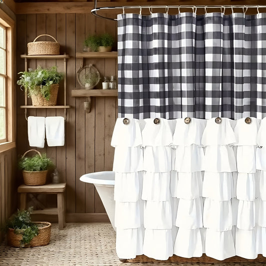 Farmhouse Ruffle Shower Curtain with Handmade Vintage Buttons, Country Buffalo Plaid Fabric Black And White Shower Curtains for Master Bathroom, Bathroom Decor Shower Curtain with 12 Holes, 72" X 72"