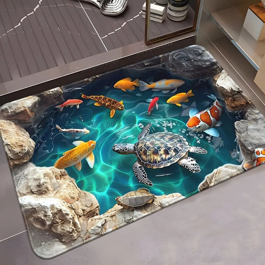 2D Flat 3D Printed Bathroom Floor Mat, Diatom Mud Absorbent Bath Mat with Anti-Slip Rubber Backing for Toilet, Kitchen, Entrance and Home