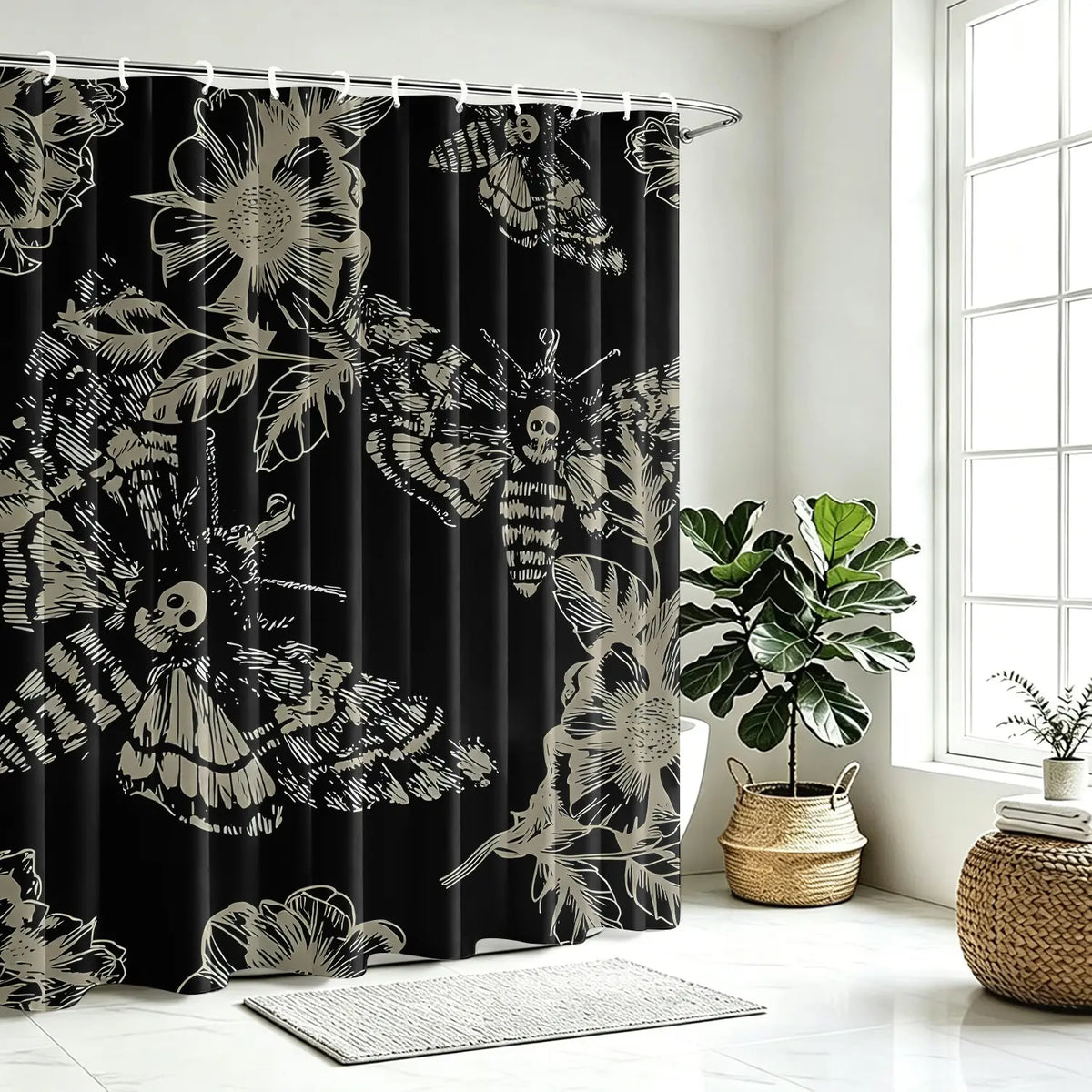 1PC Gothic Skull Moth Flower Decorative Shower Curtain, Bathroom Shower Curtains, Waterproof Dark Goth Art Bath Curtain with Hooks, Easy Install & Maintain, Mysterious Dark Bathroom Decor
