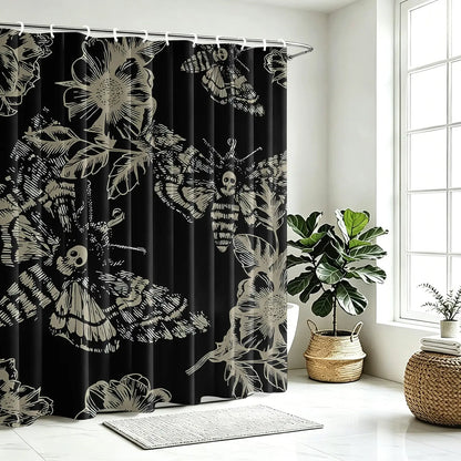 1PC Gothic Skull Moth Flower Decorative Shower Curtain, Bathroom Shower Curtains, Waterproof Dark Goth Art Bath Curtain with Hooks, Easy Install & Maintain, Mysterious Dark Bathroom Decor