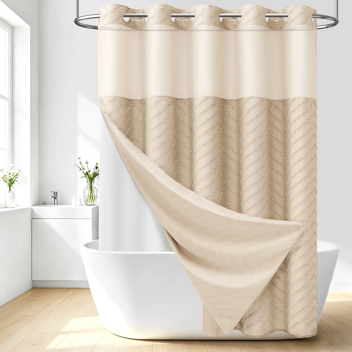 DYNAMENE 3-in-1 Hook-Free Boho Tufted Chevron Striped Shower Curtain Set, Snap-In Magnetic Waterproof Liner, Modern Textured Design, Sheer Light View Window - Hook-Free Setup Saves Bathroom Time, Waterproof Liner Helps Keep Walls Dry