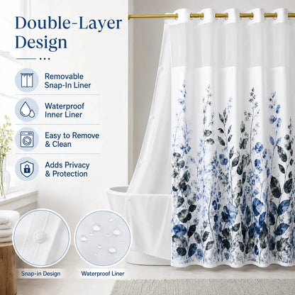 Hookless Shower Curtain Set with Snap-in Liner, Pink Double Layer Floral Botanical Design, Sheer Top Window, 72x75 Inch Waterproof Washable Bathroom Curtain,