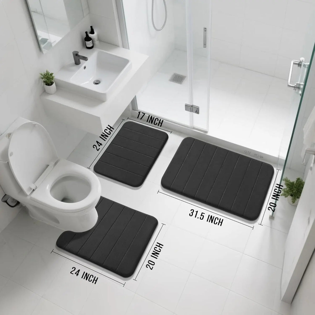 3 Piece Luxury Memory Foam Bathroom Mat Set, Soft Absorbent Quick Dry Non‑Slip Washable Bath Rugs for Shower Toilet Vanity