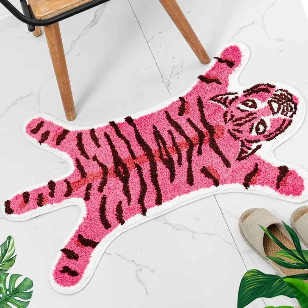 Pink Tiger Shaped Non-Slip Bathroom Mat, Nature-Inspired Animal Printed Rug, Modern Small Home Decor Playmat for Bathroom-Shower Splash Protection & Door Use, Bathroom Supplies, Room Decor