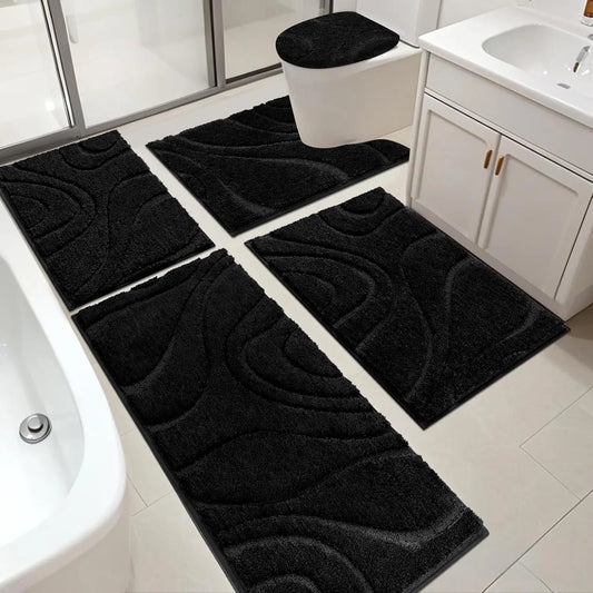 [Back to School] HEBE Washable Bathroom Rugs Sets 5 Piece, Soft Absorbent Microfiber Bath Mat for Bathroom, Non Slip Washable Bath Rug Set with Toilet Cover, Bath Runner and U-Shaped Contour Toilet Rug summerwins,home essentials
