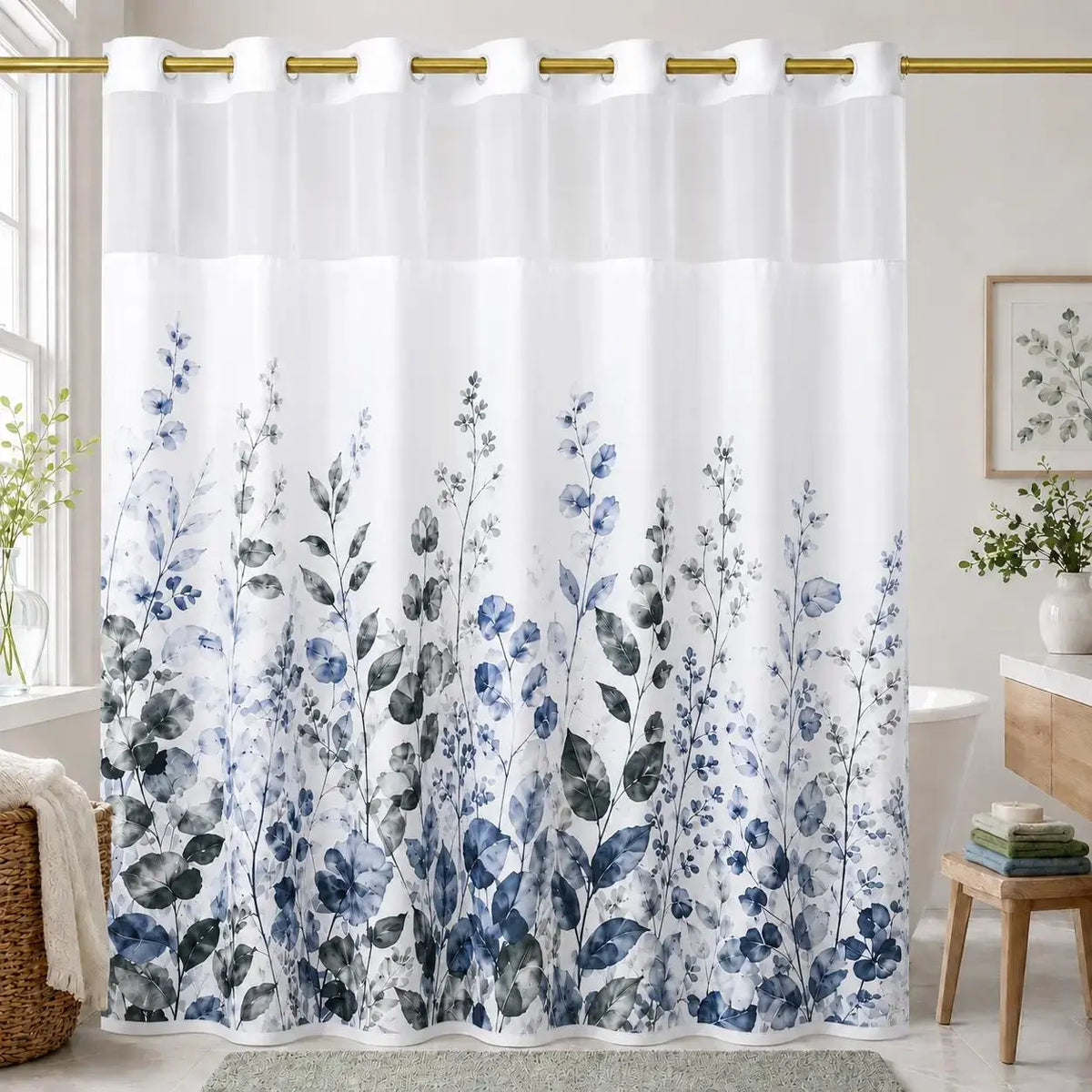 Hookless Shower Curtain Set with Snap-in Liner, Pink Double Layer Floral Botanical Design, Sheer Top Window, 72x75 Inch Waterproof Washable Bathroom Curtain,