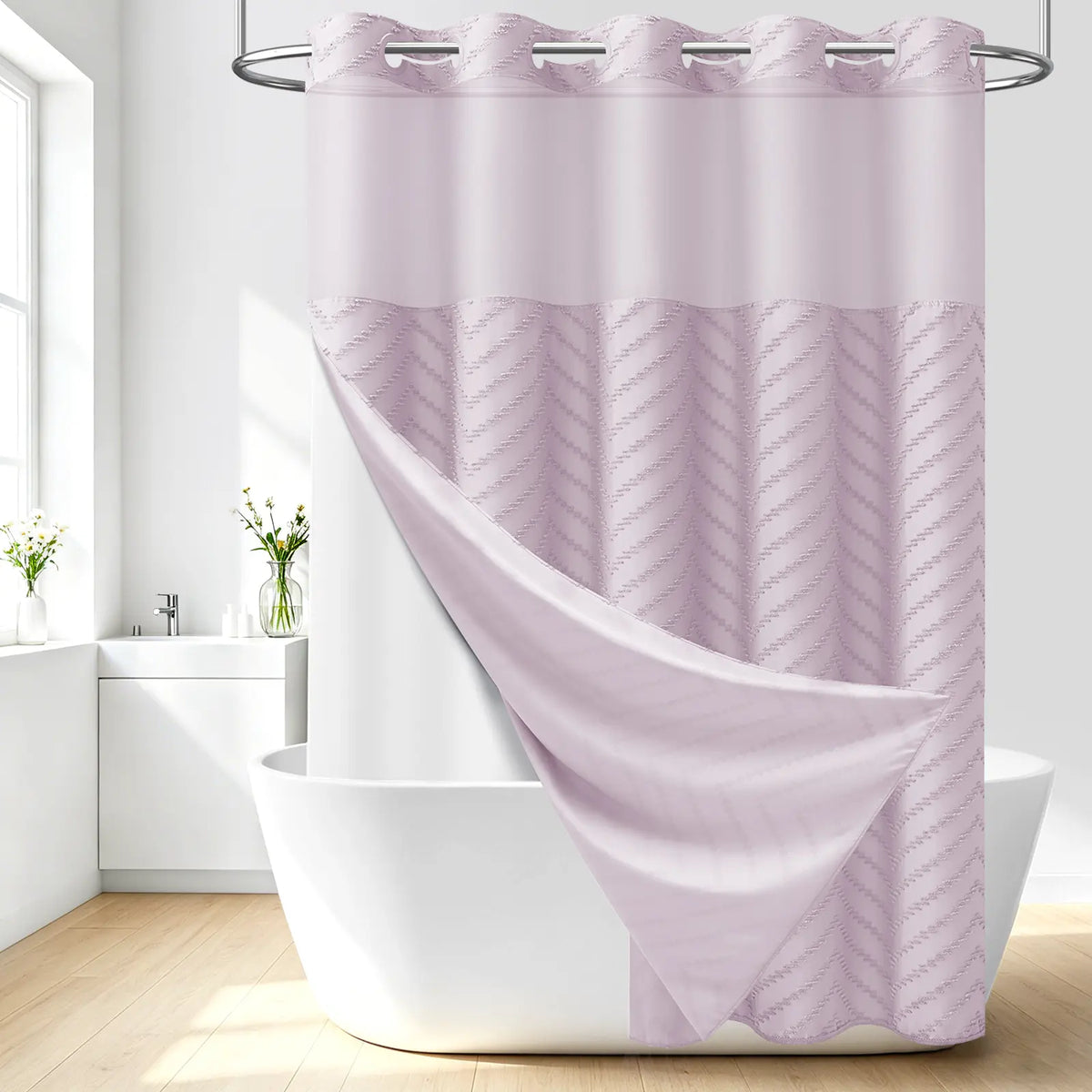 DYNAMENE 3-in-1 Hook-Free Boho Tufted Chevron Striped Shower Curtain Set, Snap-In Magnetic Waterproof Liner, Modern Textured Design, Sheer Light View Window - Hook-Free Setup Saves Bathroom Time, Waterproof Liner Helps Keep Walls Dry