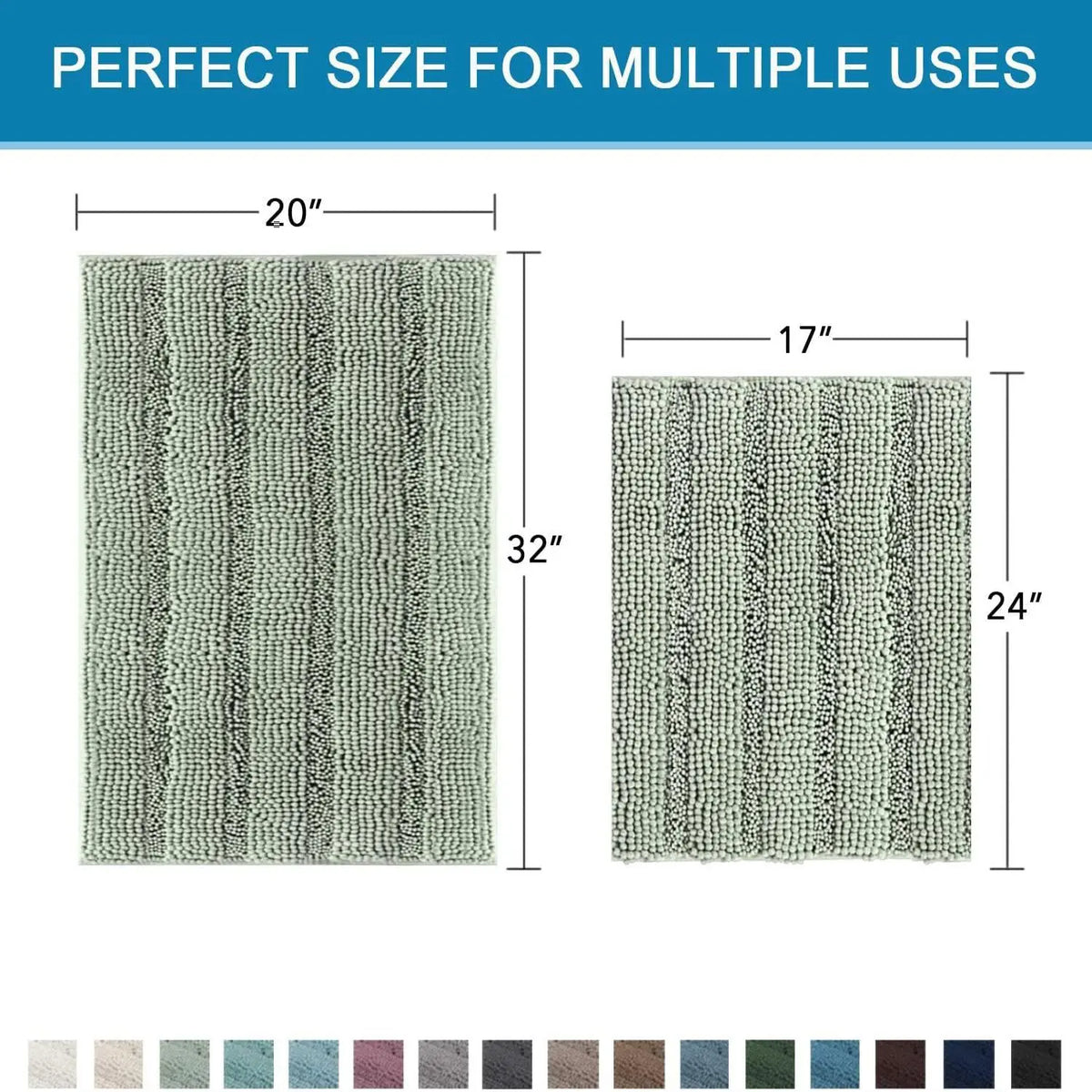 Minimal Aesthetic Striped Chenille Bathroom Rug Set - Sage Rectangle, Anti-Slip Border, Plush Extra Thick, Modern Highly Absorbent Fuzzy Bath Mats for Tub, Nonslip Home Bathroom Supplies