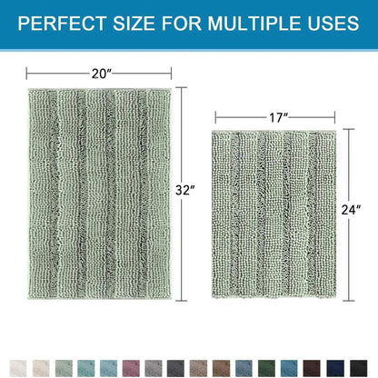 Minimal Aesthetic Striped Chenille Bathroom Rug Set - Sage Rectangle, Anti-Slip Border, Plush Extra Thick, Modern Highly Absorbent Fuzzy Bath Mats for Tub, Nonslip Home Bathroom Supplies