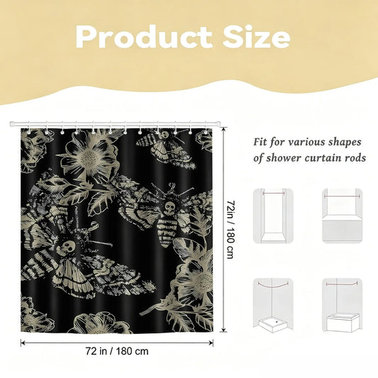 1PC Gothic Skull Moth Flower Decorative Shower Curtain, Bathroom Shower Curtains, Waterproof Dark Goth Art Bath Curtain with Hooks, Easy Install & Maintain, Mysterious Dark Bathroom Decor