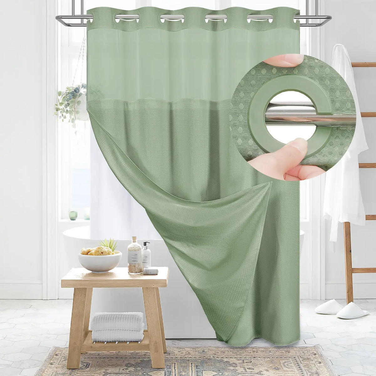DYNAMENE Premium No-Hook Washable Waffle Weave Shower Curtain Set, Heavy-Duty Double Layer with Snap-In Detachable Waterproof Liner & Mesh Window, Contemporary Matte Finish Bathroom Accessory for Hotel-Inspired Bathroom Look