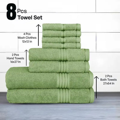 Hurbane Home Unisex Plain 8-Count 100% Pure Cotton Set - 2 Bath Towels, 2 Hand Towels, 4 Washcloths, Super Soft, Water Absorbent, Pouch Pack for Bathroom Home Use