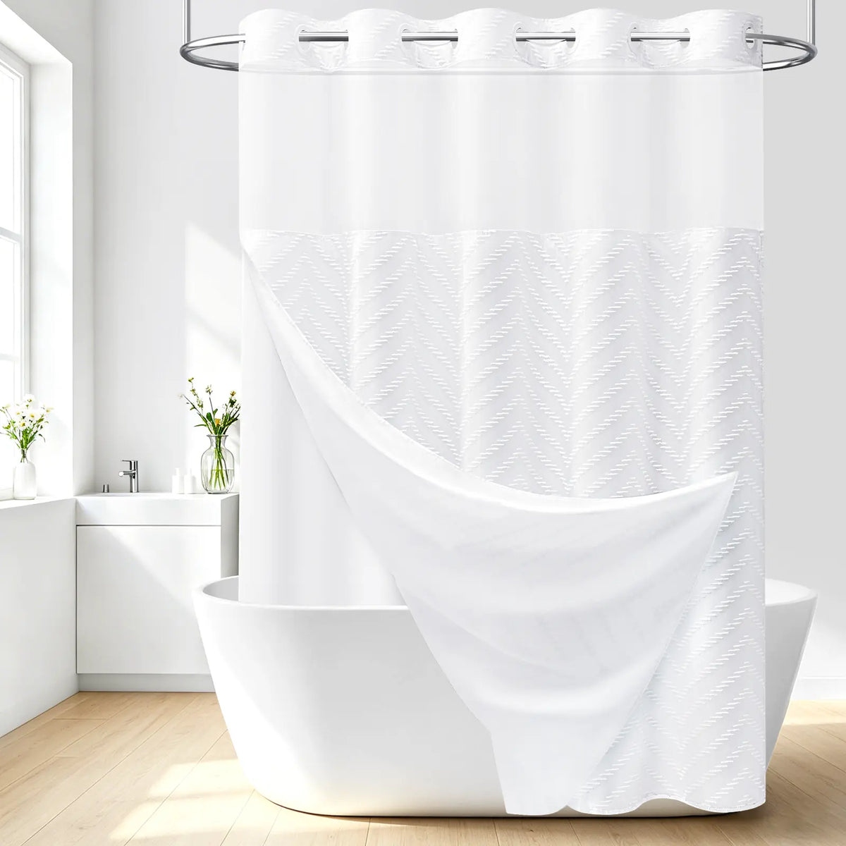 DYNAMENE 3-in-1 Hook-Free Boho Tufted Chevron Striped Shower Curtain Set, Snap-In Magnetic Waterproof Liner, Modern Textured Design, Sheer Light View Window - Hook-Free Setup Saves Bathroom Time, Waterproof Liner Helps Keep Walls Dry