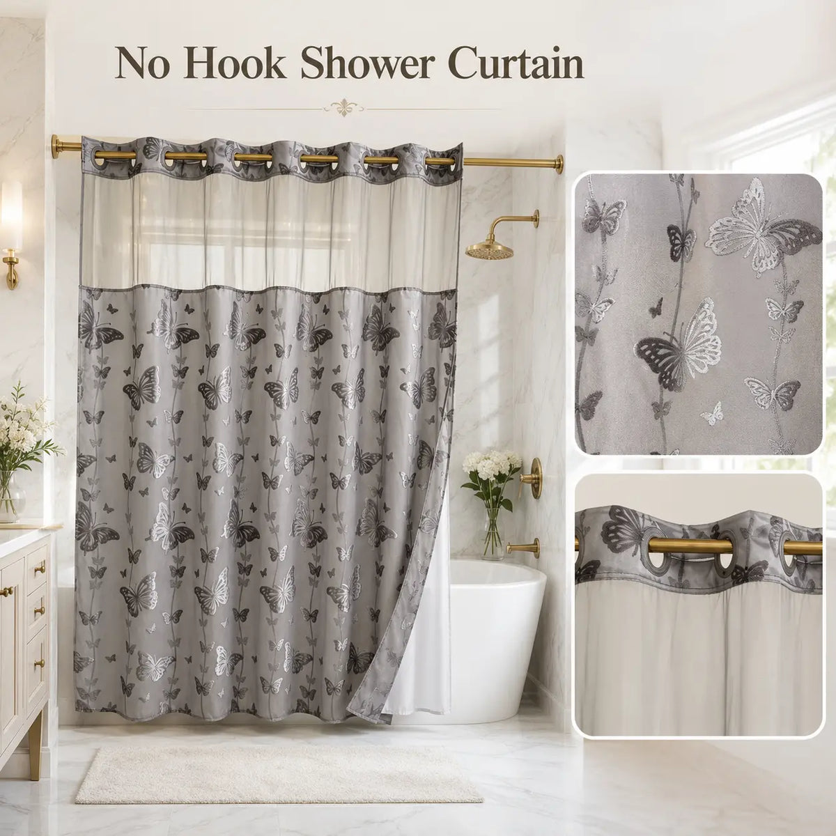 Hook-Free Double-Layer Butterfly Flocked Shower Curtain with Mesh Top Window | No-Drill Installation | Easy Setup for Airbnb, Hotel & Modern Home Décor | 71 × 74 in