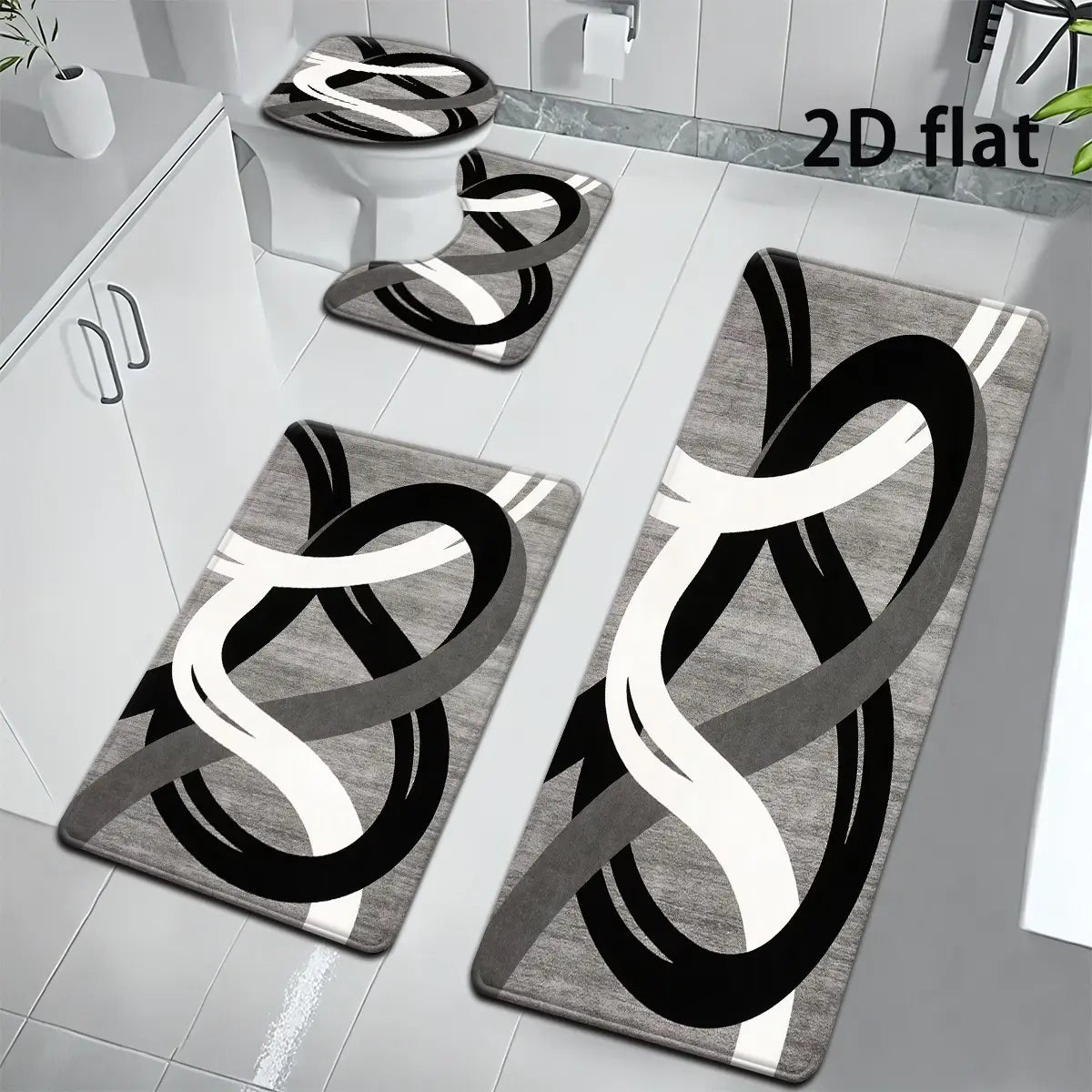 DearTex 3-4pcs Geometric Curved Line Thick Modern Flannel Bath Rug Set - Anti-Skid Custom-Shaped Non-Slip Rubber Water-Absorbent Mats with Washable U-Shaped Toilet Lid Cover Bathroom Accessories, Anti-Skid Bath Mats, Custom-Shaped Bath Mats