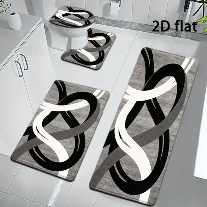 DearTex 3-4pcs Geometric Curved Line Thick Modern Flannel Bath Rug Set - Anti-Skid Custom-Shaped Non-Slip Rubber Water-Absorbent Mats with Washable U-Shaped Toilet Lid Cover Bathroom Accessories, Anti-Skid Bath Mats, Custom-Shaped Bath Mats