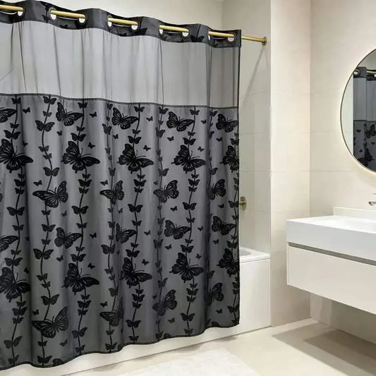 YRZTRK Hookless Blue Flocked Butterfly Double-Layer Shower Curtain with Mesh Top Window, Mesh Fabric, Easy Installation, Farmhouse & Modern Home Decoration, 72x75 in Bathroom Curtain