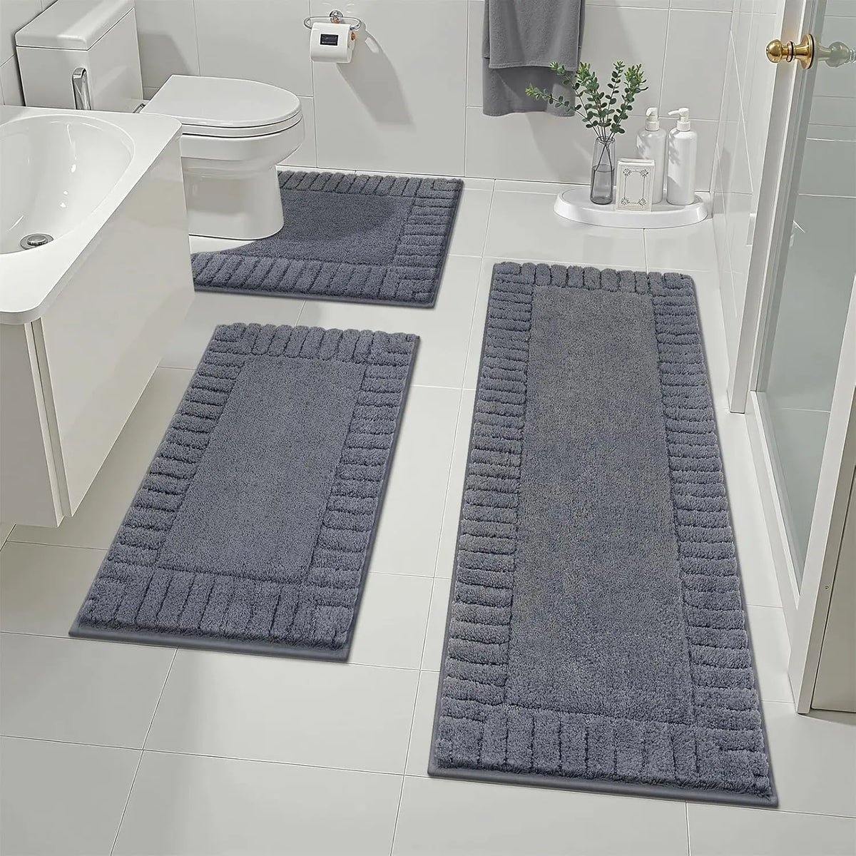 [Back to School] HEBE Bathroom Rugs Sets 3 Piece Bathroom Shower Rugs with U-Shaped Contour Toilet Mat Absorbent Microfiber Plush Bath Mats Non Slip Bath Rugs Machine Washable Shaggy Bath Mat Set summerwins,dorm essentials,home decor,home essentials
