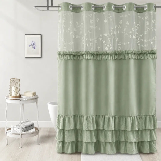 Green Elegant Hookless Ruffle Shower Curtain with Embroidered Sheer Top, Dual Removable Waterproof Panels, Machine Washable Bathroom Curtain，71*74 IN