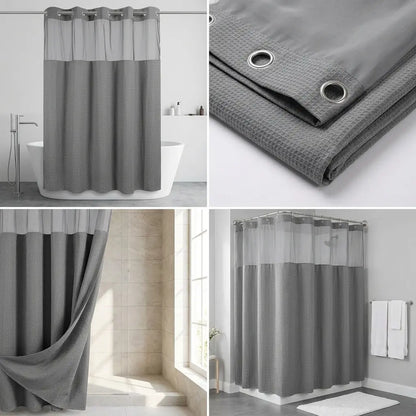 72x75 in Solid Double-Layer Fabric Shower Curtain Set - Waterproof Straight Waffle Weave, Snap-in Liner, Top Sheer Window, Adjustable Rod Compatible, Non-Slip, Modern Dark Grey, Water-Draining Home Bathroom Accessory, Shower Curtains