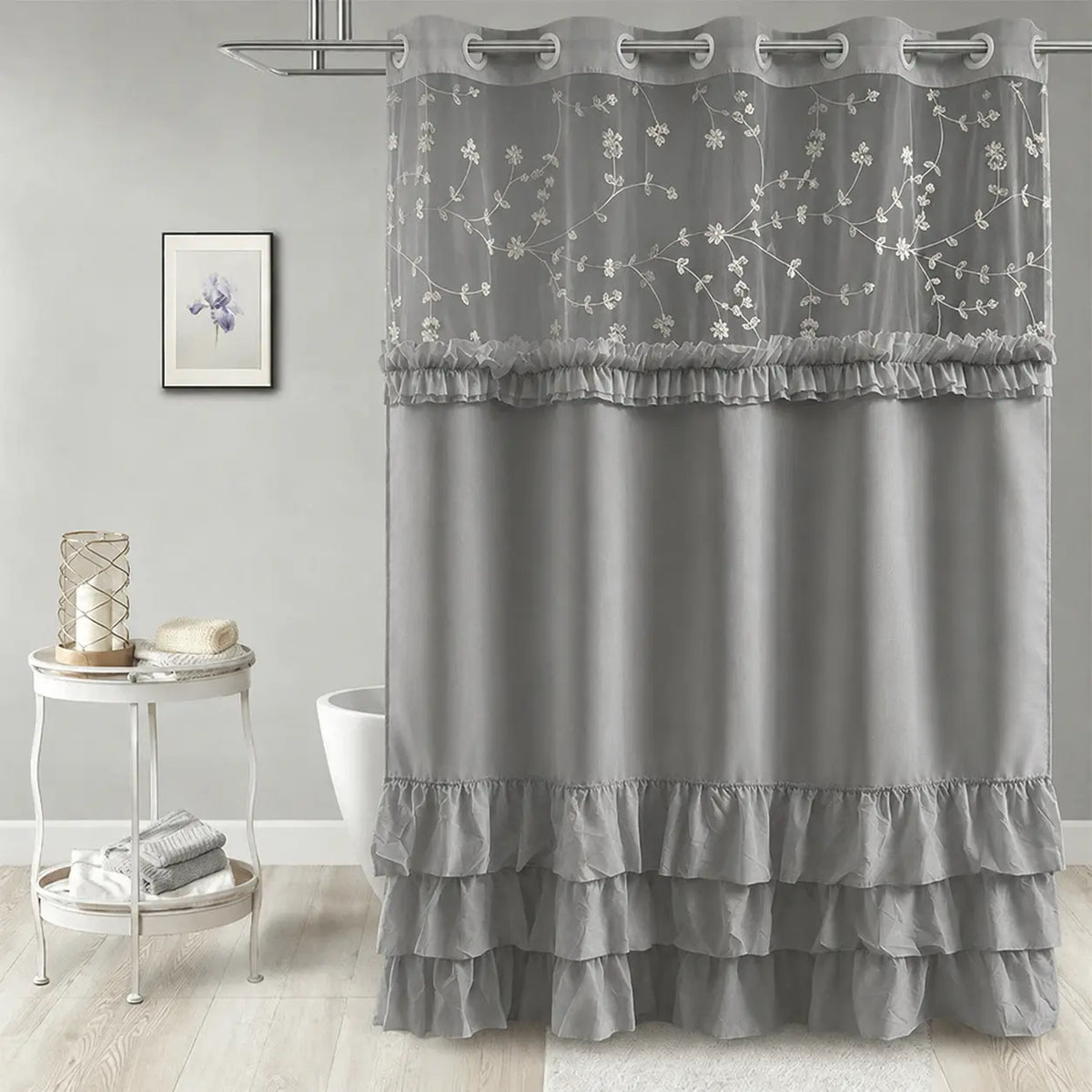 White Hookless Ruffle Shower Curtain with Dual Removable Waterproof Layers, Embroidered Sheer Top, White Plastic Split Rings, Snap-On Washable Bathroom Curtain，71*74inch