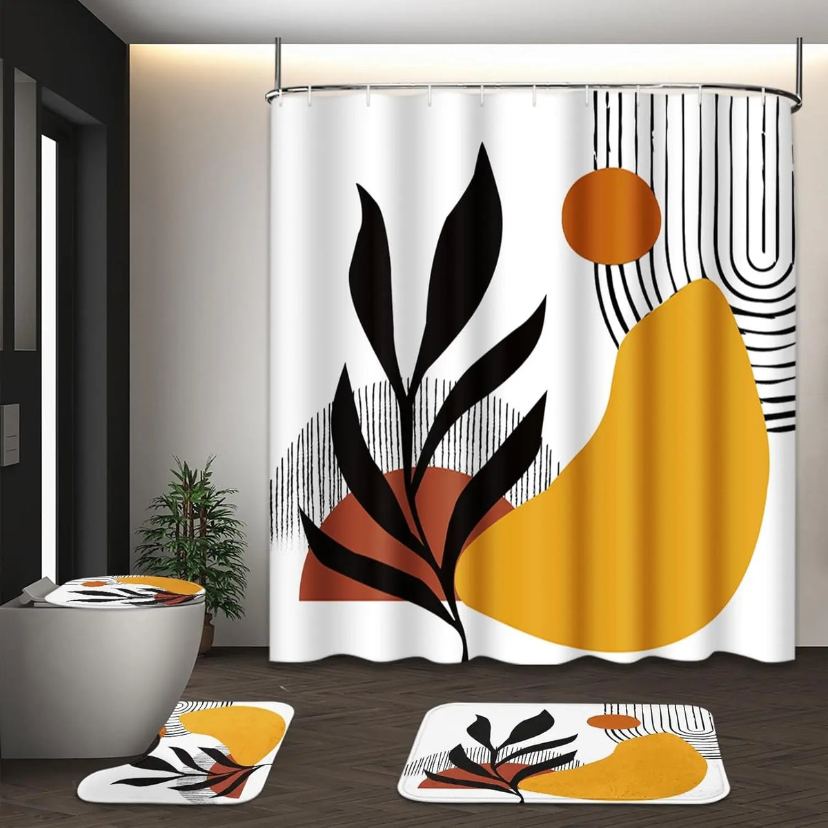 Boho Mid Century Shower Curtain Set with Toilet Lid Cover and Non-Slip Rugs, Abstract Geometric Modern Minimalist Shower Curtain for Bathroom Set with 12 Hooks
