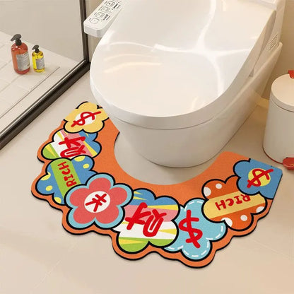 Floral U Shaped Toilet Mat, Diatomaceous Earth Bath Mat for Bathroom, Quick Dry Absorbent Floor Rug with Non Slip Backing, Decorative Toilet Floor Mat
