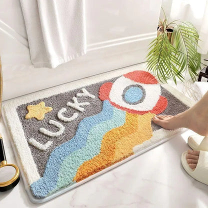 Cute Cartoon Dinosaur Faux Cashmere Bath Mat, Soft Water‑Absorbent Non‑Slip Floor Rug, Woop Pattern Decor Doormat for Bathroom Toilet Entryway Hallway Home Decoration