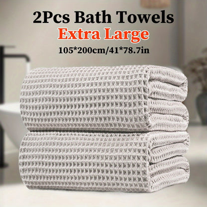 2pcs Extra Large Microfiber Waffle Weave Bath Towels, 105x200cm / 41x78.7in, 350GSM - Soft, Absorbent & Quick-Dry, Solid Color Options for Bathroom, Hotel, Gym & Spa Use, Hotel Bathroom Essentials, Contemporary Towel Design, Quickdry Fabric, Wash Cloths