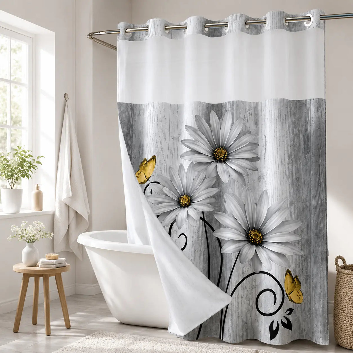Cyan No Hooks Double-layer Shower Curtain, Daisy Printed Waterproof Fabric, Retro Country Style Home Decoration, Hotel, Dormitory and Bathroom Accessories, 72x75in