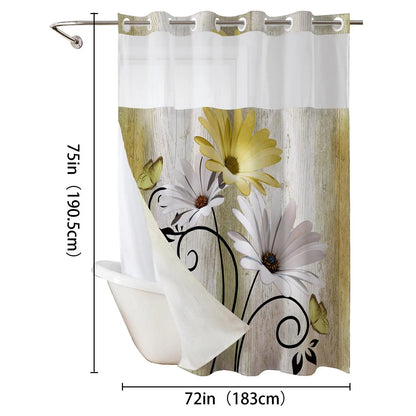 No hooks double-layer Daisy printed shower curtain, Waterproof fabric,Modern style home decoration, hotel, dormitory and bathroom accessories, 72x75in
