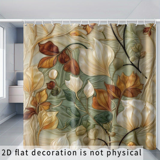 2D Flat, 2D Flat, 2D Flat Shower Curtain 1pc, Artistic Leaf Print Shower Curtain with Hooks - Yellow-Green Brown Plant Pattern, Durable Polyester Fabric, Machine Washable, Multi-Size for Bathtub And Bathroom Decor, All-Season Home Decor