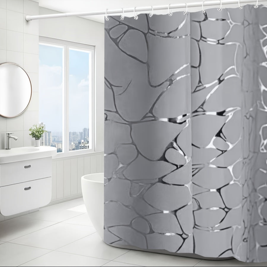 1pc Veined Silvery-Toned Bath Curtain with Matching Hooks, Bathroom Decorative Shower Curtain