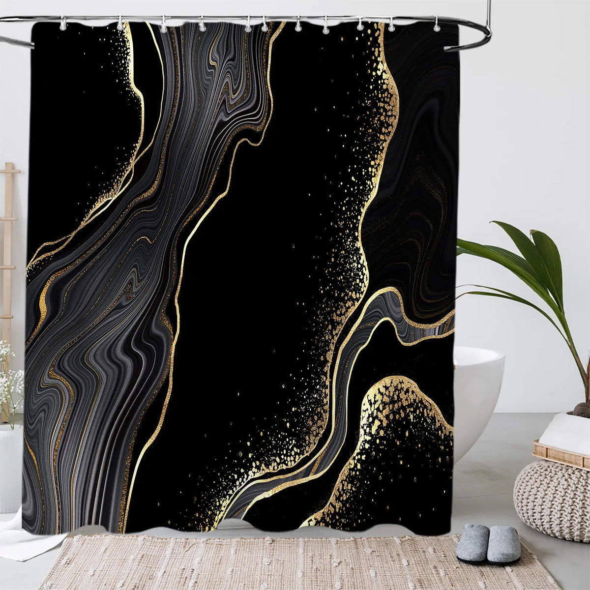 72"x72" Black Marble Polyester Shower Curtain 4-Piece Set - Glam, Water-Resistant, Gold Accents, Rugs, Toilet Lid Cover, Geometric Modern Bathroom Decor, Shower Curtains & Decoration Accessories