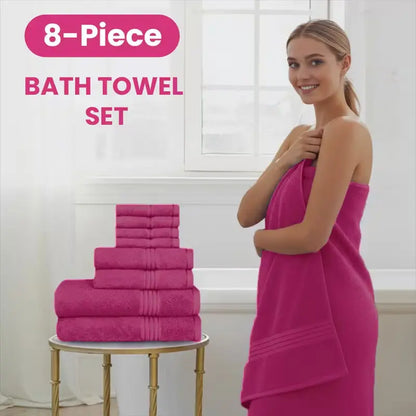 Hurbane Home Unisex Plain 8-Count 100% Pure Cotton Set - 2 Bath Towels, 2 Hand Towels, 4 Washcloths, Super Soft, Water Absorbent, Pouch Pack for Bathroom Home Use