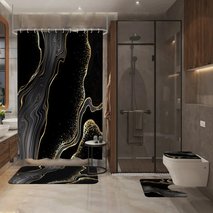 72"x72" Black Marble Polyester Shower Curtain 4-Piece Set - Glam, Water-Resistant, Gold Accents, Rugs, Toilet Lid Cover, Geometric Modern Bathroom Decor, Shower Curtains & Decoration Accessories