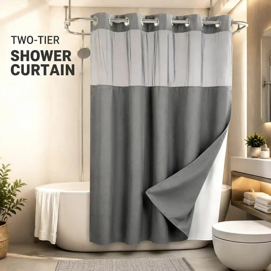 Waterproof Double-Layer Shower Curtain Set - Removable Inner Liner, Translucent Mesh Top for Natural Light & Privacy, Easy Installation, Practical for Bathroom Window & Renovation (Hooks Not Included), Water Proof, Shower Curtains