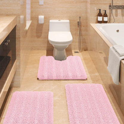 ACCUMTEK Striped Bathroom Rug Set Ultra Soft, Non Slip Chenille Toilet Mat, Absorbent Plush Shaggy Bath Mats for Bathroom, Bedroom, Kitchen