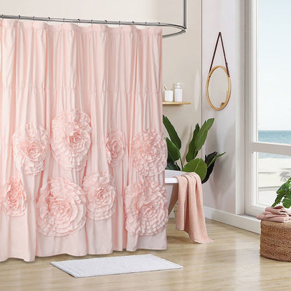 Farmhouse Ruffle Shower Curtain with Handmade 3D Flowers, Vintage Ruched Fabric Shower Curtains for Bathroom, Festive Luxury Bathroom Curtain with 12 Holes, White, 72" x 72