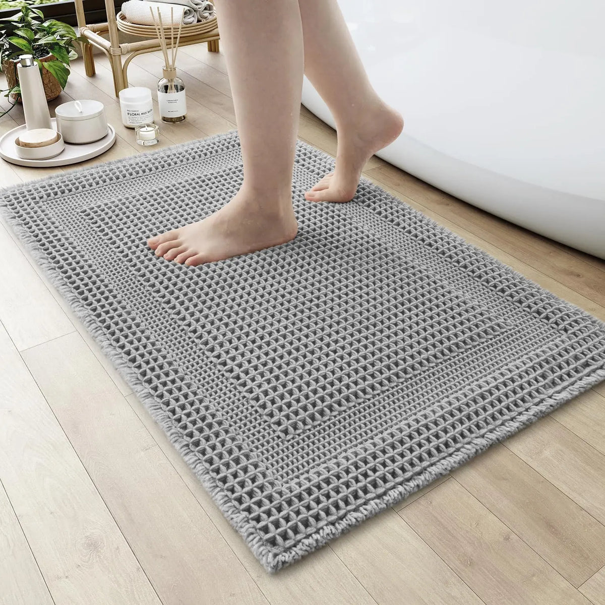 Cozy Synthetic Waffle Bath Mat - 17in x 24in Beige, Absorbent Non-Slip Modern Shower Flooring Rug, Machine Washable Ultra-Soft Boho Tasseled Bathroom Rug