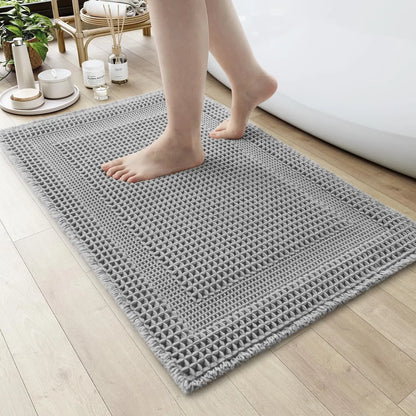 Cozy Synthetic Waffle Bath Mat - 17in x 24in Beige, Absorbent Non-Slip Modern Shower Flooring Rug, Machine Washable Ultra-Soft Boho Tasseled Bathroom Rug