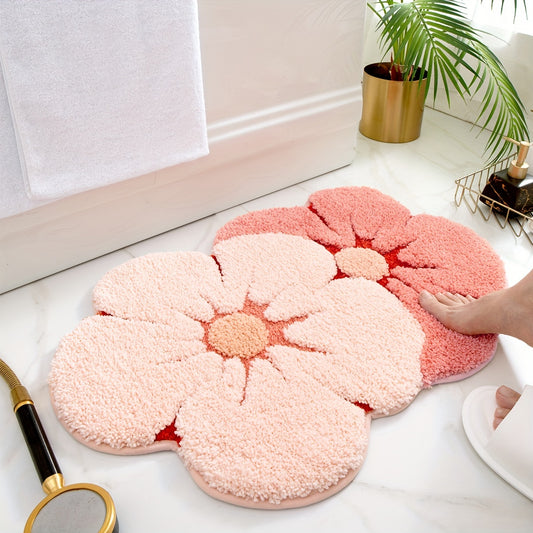 1pc Two Color Flower Pattern Bathroom Floor Mat, Premium Soft and Comfortable Bathtub Rug, Machine Washable Flocking Vanity Mat, TPR Bottom Suitable for Bathroom, Bathtub, Bathroom, Laundry Room, Vanity, Patio Home Decorative Accessories