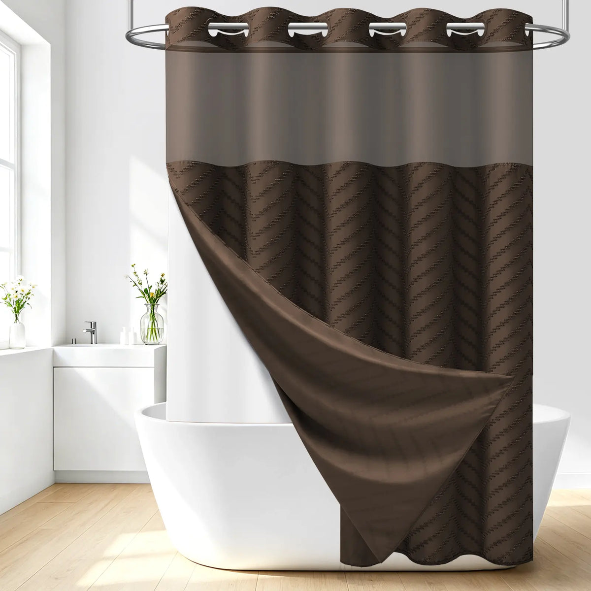 DYNAMENE 3-in-1 Hook-Free Boho Tufted Chevron Striped Shower Curtain Set, Snap-In Magnetic Waterproof Liner, Modern Textured Design, Sheer Light View Window - Hook-Free Setup Saves Bathroom Time, Waterproof Liner Helps Keep Walls Dry