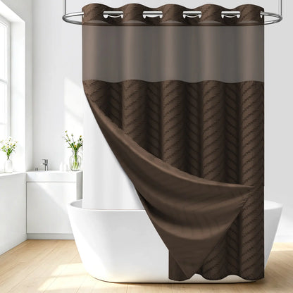 DYNAMENE 3-in-1 Hook-Free Boho Tufted Chevron Striped Shower Curtain Set, Snap-In Magnetic Waterproof Liner, Modern Textured Design, Sheer Light View Window - Hook-Free Setup Saves Bathroom Time, Waterproof Liner Helps Keep Walls Dry