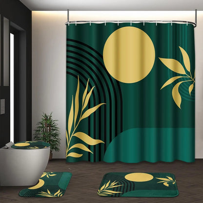 Boho Mid Century Shower Curtain Set with Toilet Lid Cover and Non-Slip Rugs, Abstract Geometric Modern Minimalist Shower Curtain for Bathroom Set with 12 Hooks